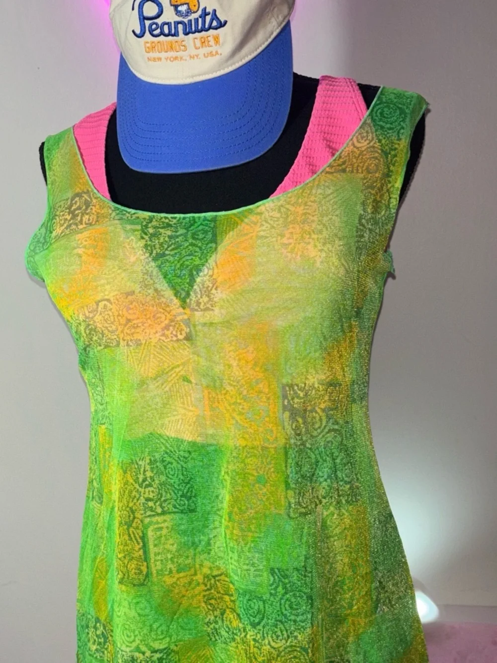 Vintage Endless Sun Green Sheer Mesh Top Patchwork Print Size Small